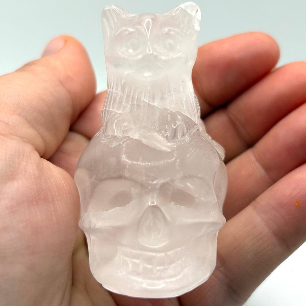 Clear Crystal Quartz Cat Perched on Skull Carving 2.5”